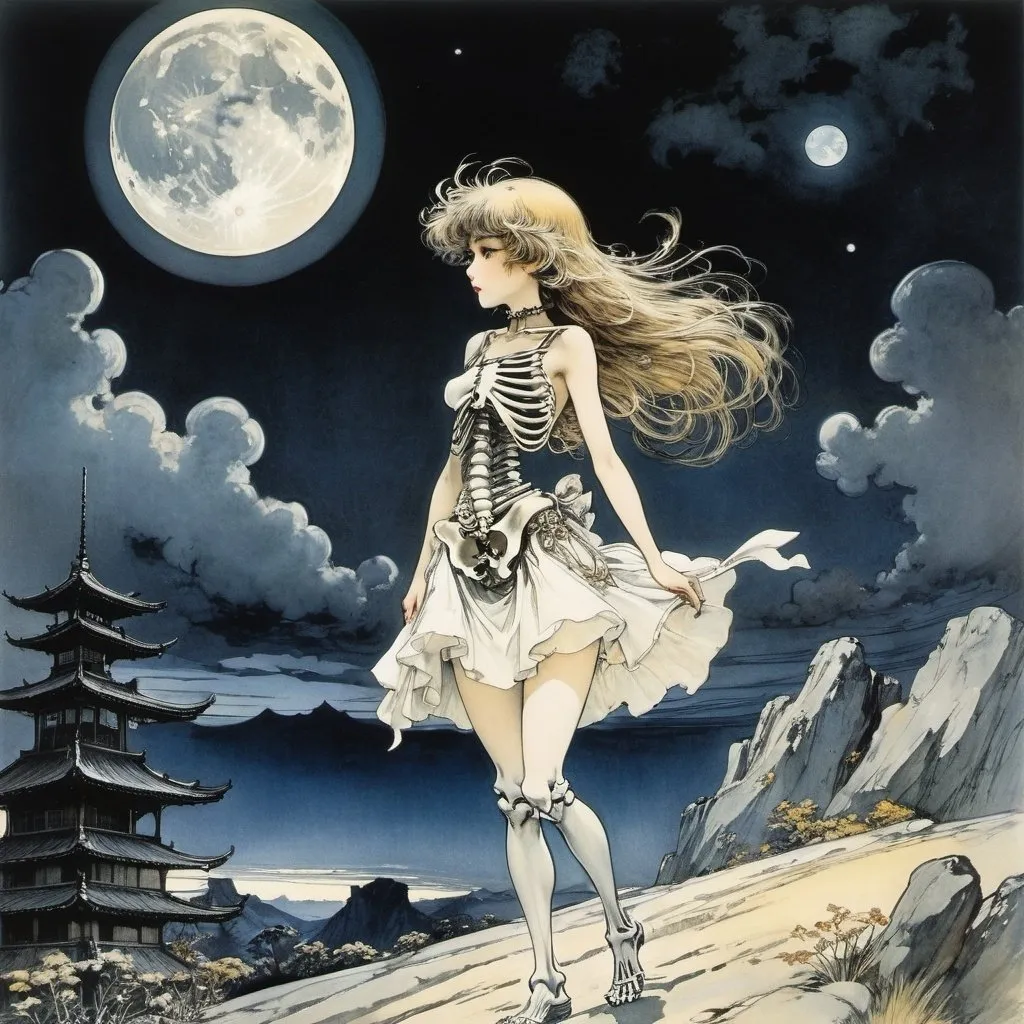 Prompt: Arthur Rackham, Charles Ricketts, Károly Reich, Harue Koga, Hiroyuki Okiura, Surrealism Mysterious Weird Fantastic Fantasy Sci-fi, Japanese Anime, Skeleton of the Moon, Night Miniskirt Beautiful Girl, perfect voluminous body, Land of Stardust, detailed masterpiece 