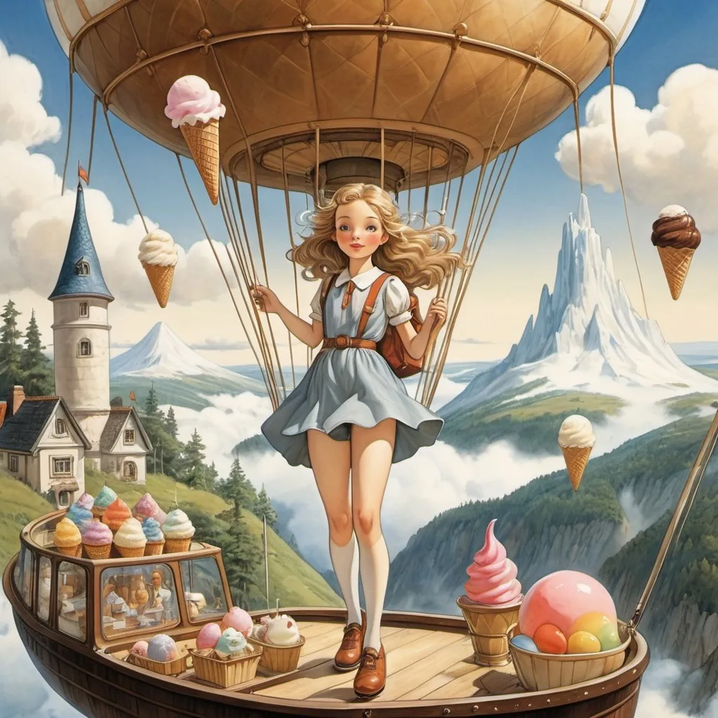 Prompt: Maurice Sendak, Margaret Tempest, Elsa Beskow, Mateusz Urbanowicz, Tōshi Yoshida, Surrealism, wonder, bizarre, fantastical, fantasy, sci-fi fantasy, anime, land of wild ice cream, beautiful girl in a miniskirt going on an adventure on an airship, perfect voluminous body, ice cream cones towering like ancient ruins, fresh cream volcano, forest of popsicles, ice cream mountains, detailed masterpiece 