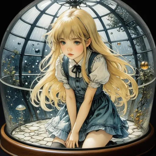 Prompt: Arthur Rackham, Chica Umino, Surreal, mysterious, strange, fantastical, fantasy, Sci-fi, Japanese anime, glass dome case, pieces of the universe falling like a rain, beautiful blonde miniskirt girl Alice observing, perfect voluminous body, optical microscope, detailed masterpiece 