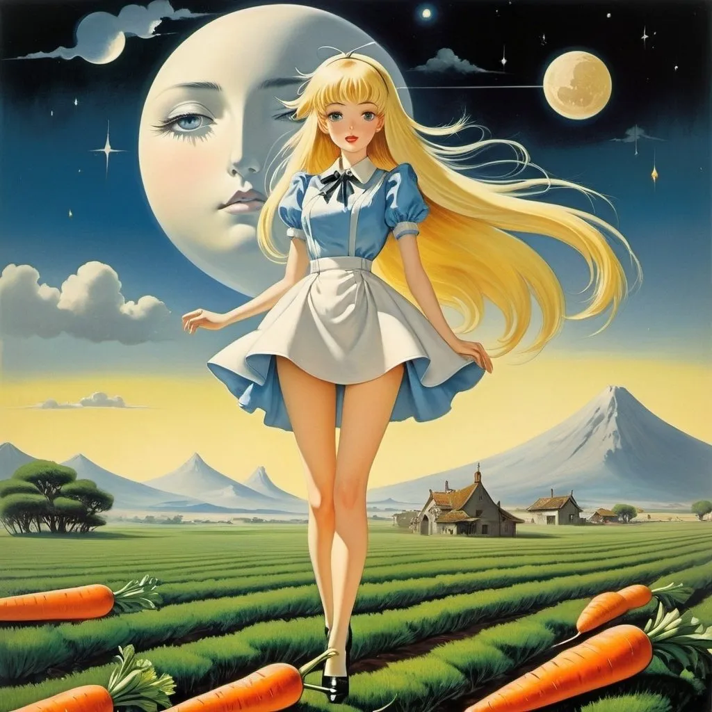 Prompt: Thomas Crane, Antonio Rubino, Harry Rountree, Kay O'Neill, Yves Tanguy, Surrealism Mysterious Weird Fantastic Fantasy Sci-Fi, Japanese Anime, Blonde miniskirt maiden Alice in a box, perfect voluminous body, The carrot field where the moon fell, detailed masterpiece 