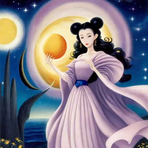 Prompt: Leonora Carrington, Naoko Takeuchi, Surreal, mysterious, strange, fantastical, fantasy, Sci-fi, Japanese anime, hand grasping the moon, night bus, moonlight daffodil, crescent moon girl returns to her hometown, perfect voluminous body, detailed masterpiece 