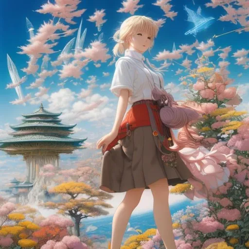 Prompt: Katsuhiro Otomo, Elsa Beskow, Basia Tran, Surreal Mystery Strange Fantastic Fantasy Sci-fi, Japanese Anime ,Age of Integration Consciousness Philosophy Religion Science Creativity Extraterrestrial Civilization Past Life Future Life Parallel Life Multidimensional Self Time and Space Miniskirt high school girl, detailed masterpiece 