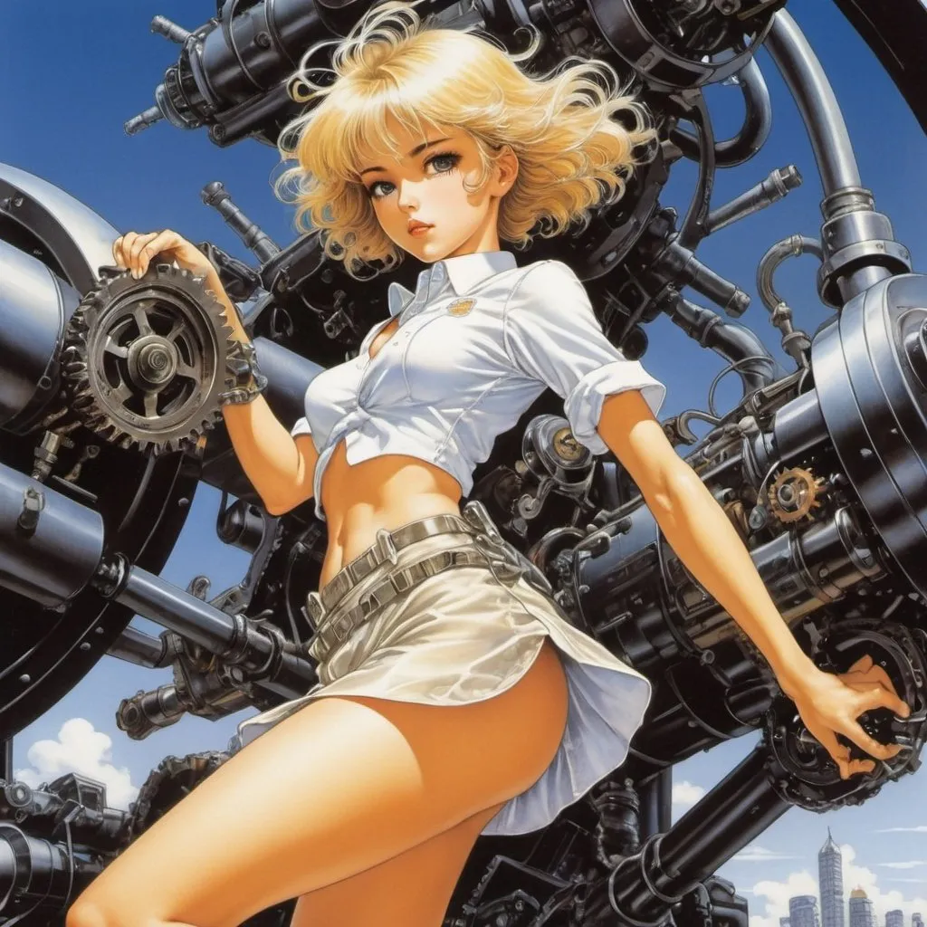 Prompt: Naoyuki Kato, Masamune Shirow, Hajime Sorayama, Jim Burns, George Barbier, Elsa Beskoe, Surrealism, strange, bizarre, fantastical, fantasy, Sci-fi, Japanese anime, knot rotation chain mechanism, trajectory generation mechanism, friction transmission mechanism, gear theory, miniskirt beautiful high school girl in the mechanical world, dynamic action poses, perfect voluminous body, detailed masterpiece 