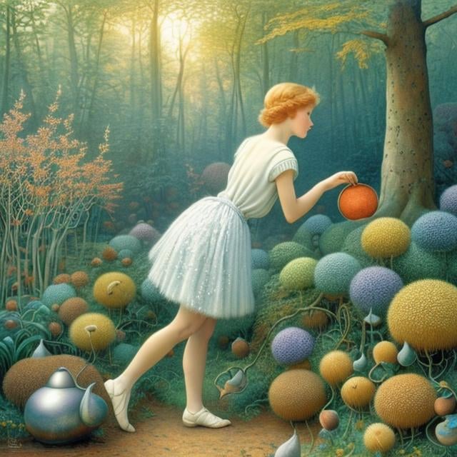 Prompt: Elsa Beskow, Jim Warren, Surreal, mysterious, strange, fantastical, fantasy, Sci-fi, Japanese anime, beautiful girl in miniskirt picking acorns, perfect voluminous body, wildcat, transparent forest, world in pictures, detailed masterpiece 