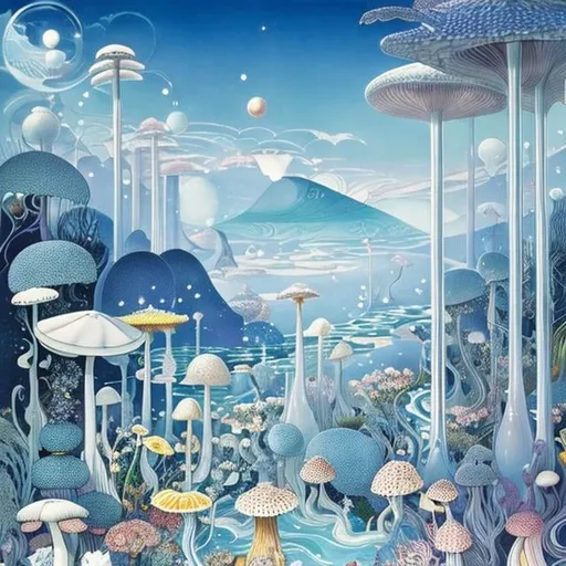 Prompt: Kay Nielsen Anime　wondrous　strange　Whimsical　surreal　absurderes　fanciful　Sci-Fi Fantasy　This is an event in a dream? No that's not right、After all......、Fossils of ground dragons, bird nuts, mushroom gardens ... I remember it all.。The bursting sound of bubbles of light blue carbonated water that still continues even after waking up from sleep、Inviting me into another dimension again