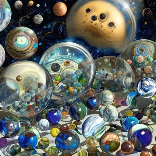 Prompt: Margaret Tarrant, Dali Kate Greenaway Whimsical　Sci-Fi Fantasy　Solar system in marbles　Girl peeking at marbles Hyperdetailed high resolution high definition high quality masterpiece