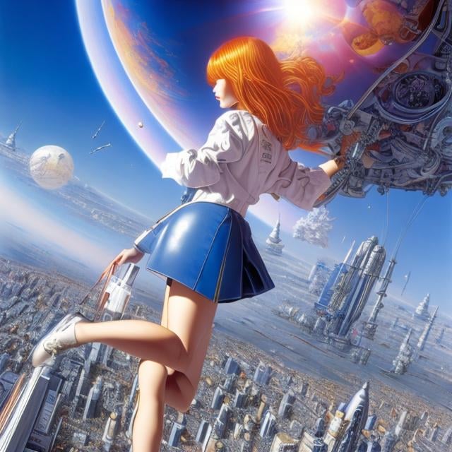 Prompt: Katsuhiro Otomo, Jean Giraud, Frank Pape, Jim burns, Surreal, mysterious, bizarre, fantastical, fantasy, Sci-fi, Japanese anime, a machine called the world, cybernetic fiction, soft machines, science and literature, science always influences the human view of the universe and humanity. Miniskirt beautiful girl, perfect body, hyper detailed masterpiece high resolution definition quality, depth of field cinematic lighting 