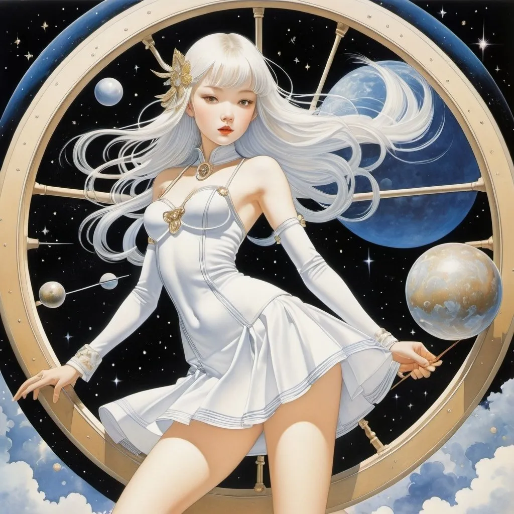 Prompt: Kay Nielsen, Hajime Sorayama, Adrian Ludwig Richter, Moto Hagio, Hans Christiansen, Surrealism, wonder, strange, bizarre, fantasy, sci-fi, Japanese anime, pottery studio baking with the heat of the stars, beautiful miniskirt high school girl spinning the galactic wheel, perfect voluminous body, shaping the planet, detailed masterpiece cute happy coquettish 