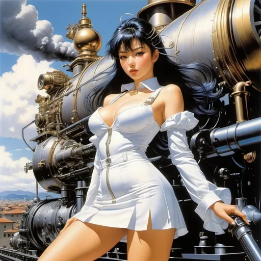 Prompt: Masamune Shirow, Naoyuki Kato, Hajime Sorayama, Lee Brown Coye full colours, Florence Mary Anderson, Surrealism, Mysterious, Bizarre, Outlandish, Fantasy, Sci-Fi, Japanese Anime, From Steam Engines to Entropy, Thermology and Power Technology, Steam Turbines that Rotate the Earth, Beautiful High School Girl in Miniskirt, perfect voluminous body, detailed masterpiece 