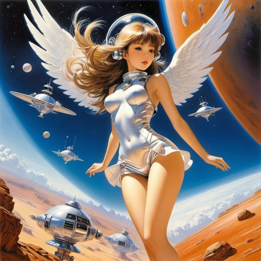 Prompt: Yuho Ashibe, Art Frahm, Hajime Sorayama, Yukari Ichiko, Jurgen Ziewe, Naoyuki Kato, Paul Youll, Surrealism Mysterious Weird Fantastic Fantasy Sci-Fi, Japanese Anime, Miniskirt Beautiful Girl Diving on Mars in the Midday, perfect voluminous body, Beautiful Angel of the Space Colony, detailed masterpiece perspectives bird’s eye views 