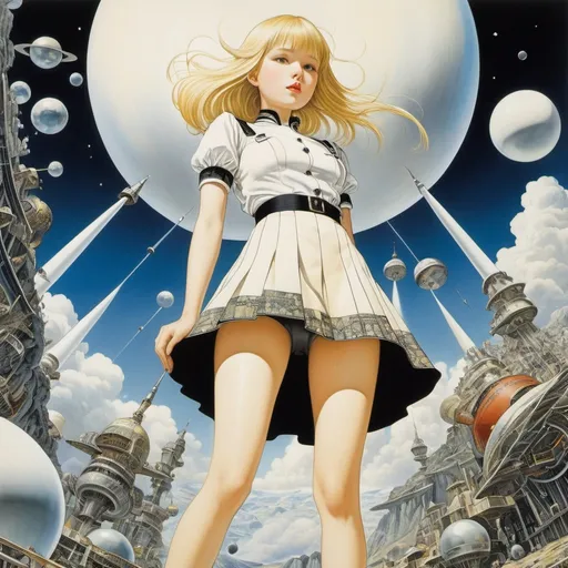 Prompt: Kay Nielsen, Valerio Adami, Shuji Takeshi, Aiga Rasch, Yuko Shimizu, Surrealism, wonder, strange, bizarre, fantasy, Sci-fi, Japanese anime, missiles and capsules, circularity, collecting scraps of strata, blonde miniskirt beautiful girl Alice, perfect voluminous body, detailed masterpiece low high angles perspectives