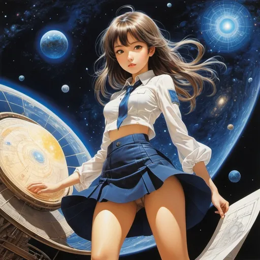 Prompt: Shigeru Hatsuyama, Peter de Wint, Surreal, mysterious, strange, fantastical, fantasy, Sci-fi, Japanese anime, a miniskirt beautiful girl researcher who draws the blueprints of the cosmos, perfect voluminous body, approaching the gods, an ideal microcosm, detailed masterpiece 