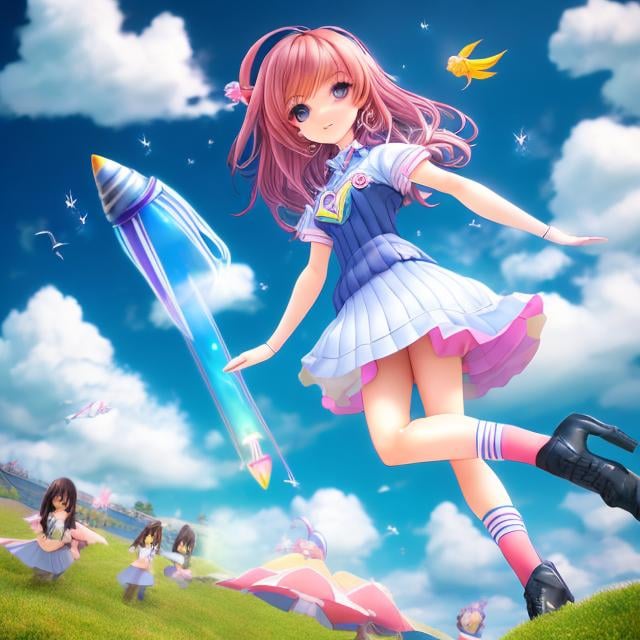 Prompt: Erin Stead, Gail de Marcken, Surreal, mysterious, bizarre, fantastical, fantasy, Sci-fi, Japanese anime, hand-cranked wind-up rocket, beautiful miniskirt high school girl having fun, perfect body, play, rocket flying, blue sky, clouds, rainbow, detailed masterpiece high resolution definition quality, hand drawing lines