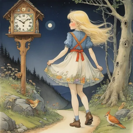 Prompt: Elsa Beskow, Heikala, Margaret Tarrant, Margaret Tempest, Anton Pieck, Surrealism Mysterious Weird Fantastic Fantasy Sci-Fi, Japanese Anime, Crossing the Midnight Rainbow Coming from the Beyond Cuckoo Clock, Alice the Blonde Miniskirt Beautiful Girl, perfect voluminous body, detailed masterpiece 