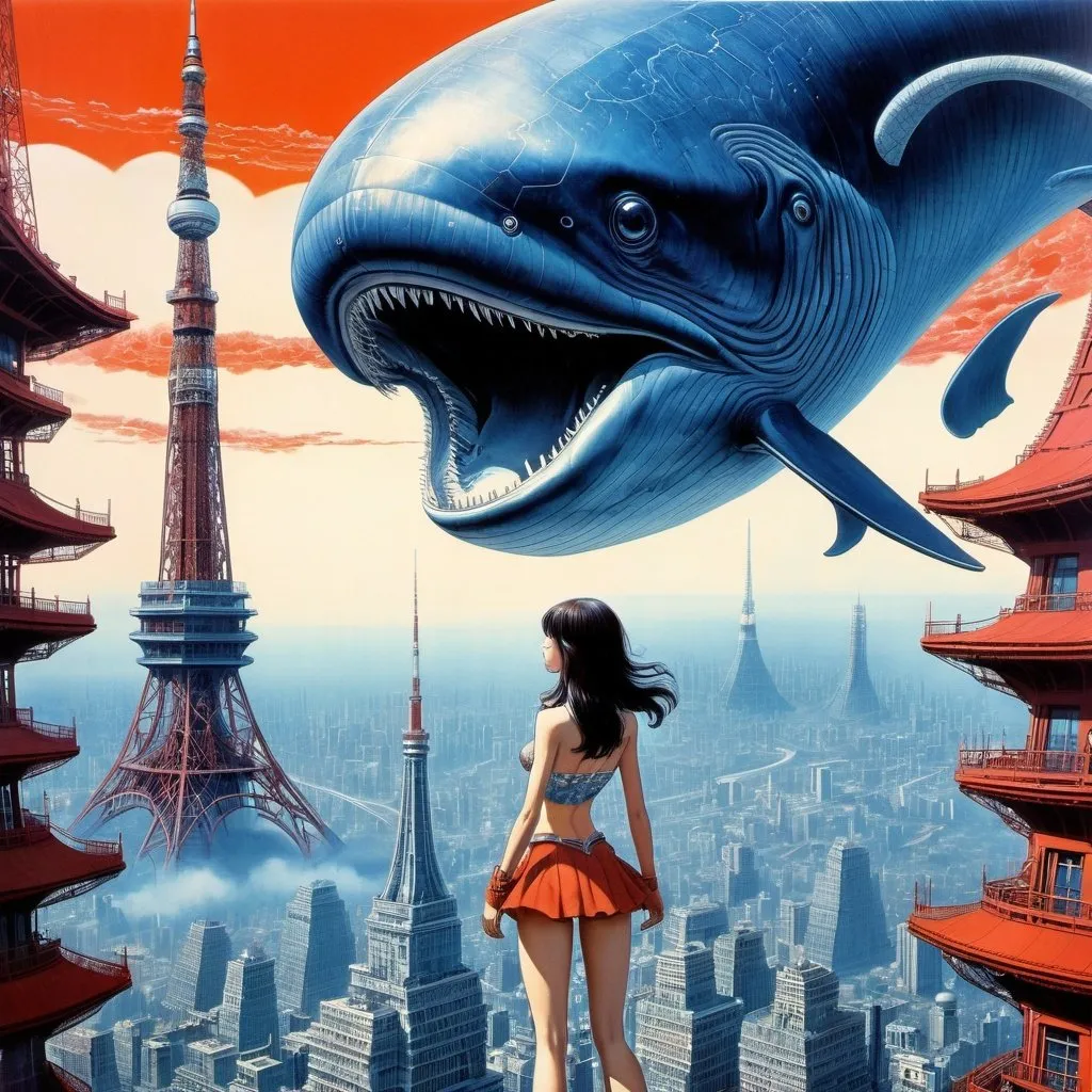 Prompt: Fritz Baumgarten, Philippe Druillet, Surreal, mysterious, strange, fantastical, fantasy, Sci-fi, Japanese anime, Tokyo Tower, blue whale swimming in the sky, beautiful girl in a miniskirt looking up, perfect voluminous body, detailed masterpiece wide angles