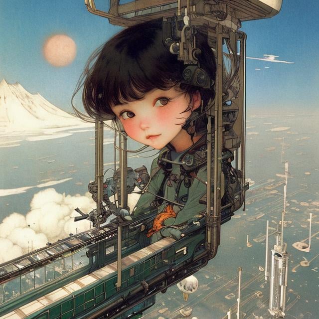 Prompt: Kate Greenaway,  Jessie Willcox Smith, Heikala, Tokyo future scape, space elevator, Japanese high school girl, beautiful face dark hair, hyper detailed, high resolution, high definition, high quality, masterpiece, Japanese anime, manga lines, realistic 
