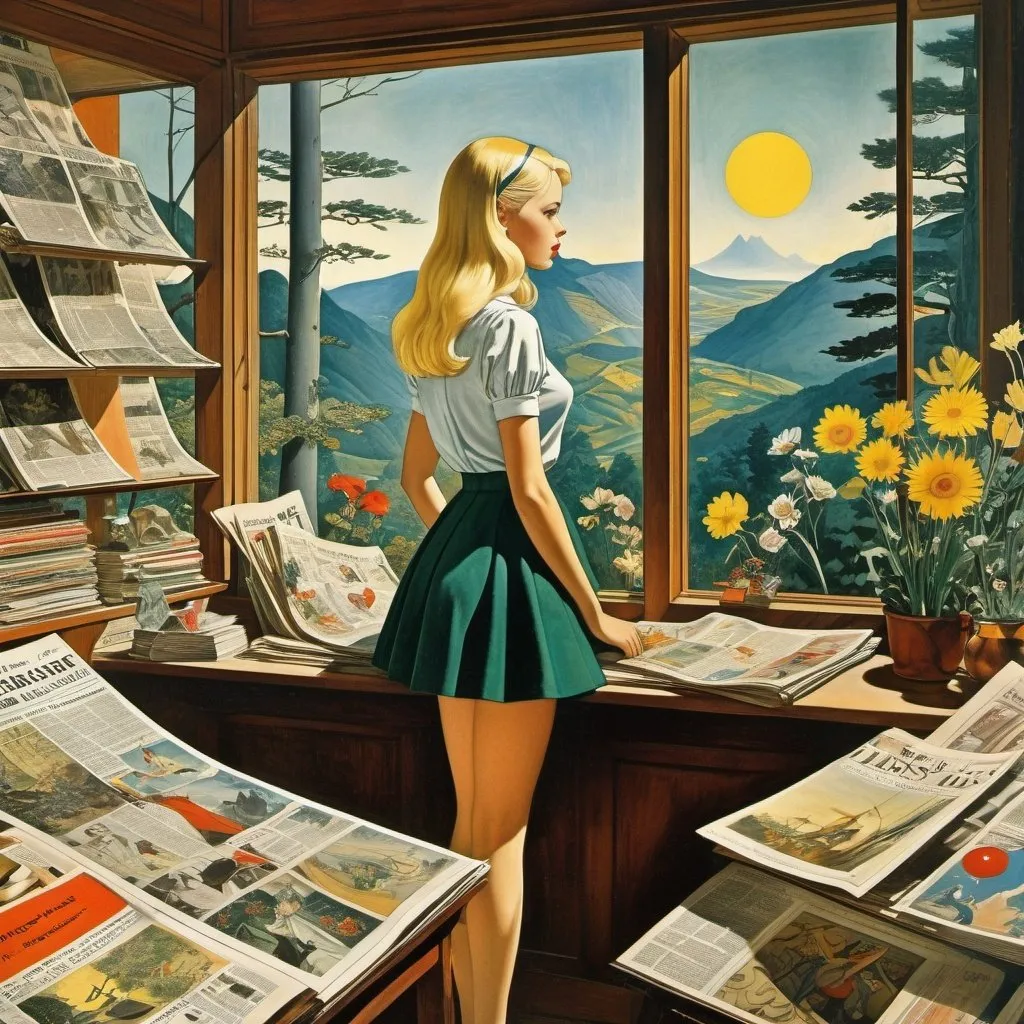 Prompt: Max Ernst, Paul Nash, ENCHANTRESS EEVA NIKUNEN, Lisbeth Zwerger, Rudolf von Alt, Surrealism, wonder, strange, bizarre, fantasy, Sci-fi, Japanese anime, the earth is a newspaper, flowers are printing presses, the forest is a show window, blonde miniskirt beautiful girl Alice's shopping, perfect voluminous body, detailed masterpiece 