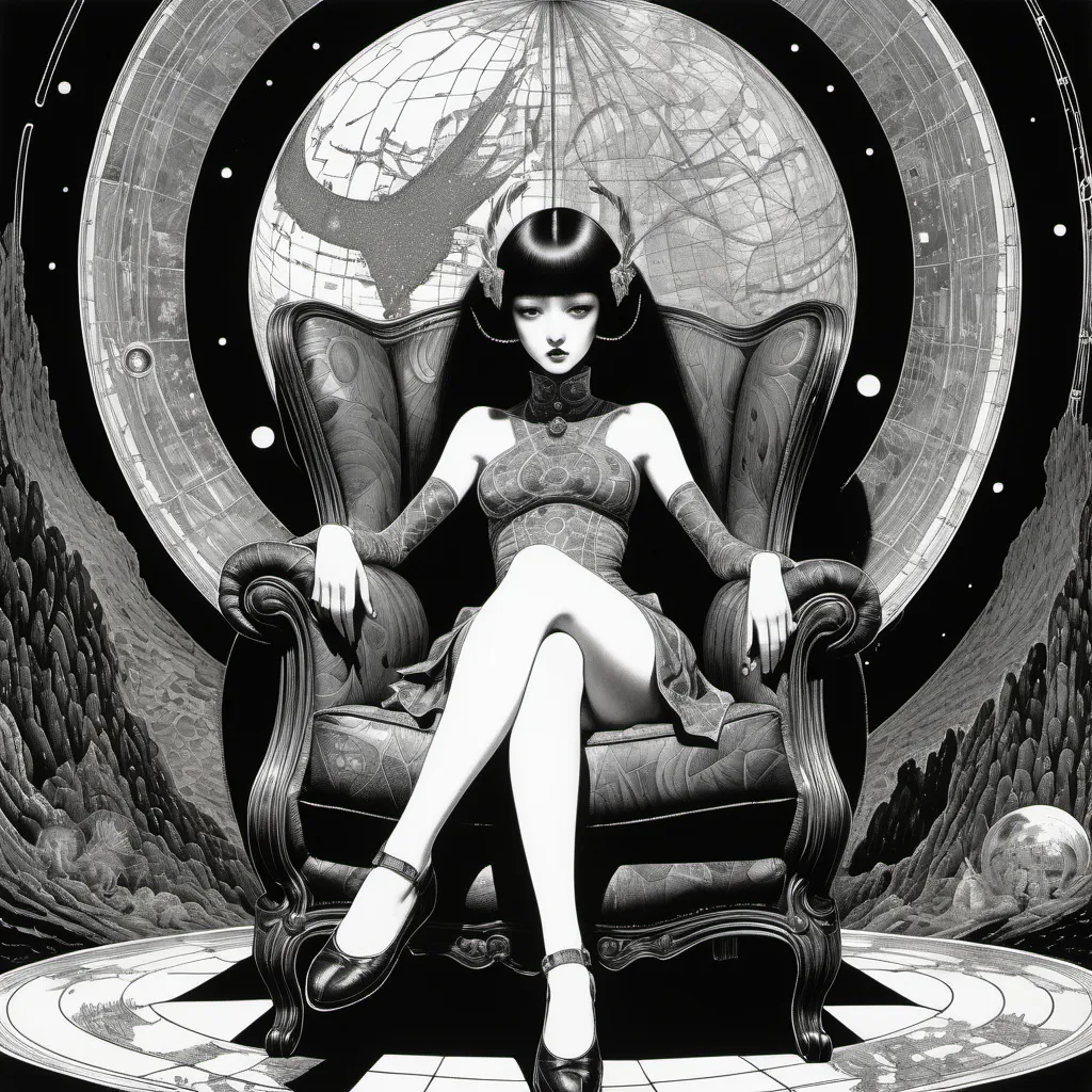 Prompt: harry Clarke, Yuu Watase, Heinrich Vogeler, Virgil Finlay, Yuko Higuchi, Surrealism, wonder, strange, bizarre, fantasy, Sci-fi fantasy, anime, maps and science, miniskirt beautiful adventurer in an armchair, detailed masterpiece dynamic drawings fine lines angles low high perspectives