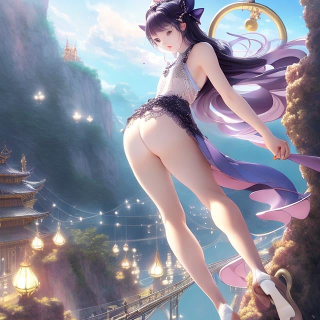 Prompt: Nanpei Yamada, Franciszek Starowieyski, Surreal, mysterious, strange, fantastical, fantasy, Sci-fi, Japanese anime, miniskirt beautiful girl and cat on a suspension bridge, perfect voluminous body, dancing night of stars, detailed masterpiece 