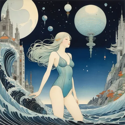 Prompt: Takuya Fujima, Kay Nielsen, Usamaru Furuya, Hannah Frank in full colours, Eugène Grasset, Surrealism, wonder, strange, fantastical, fantasy, Sci-fi, beautiful girl in a school swimsuit sinking forever in the deep sea of ​​the internet, perfect voluminous body, architecture, mathematics, physics, chemistry, astronomy, detailed masterpiece connected world 