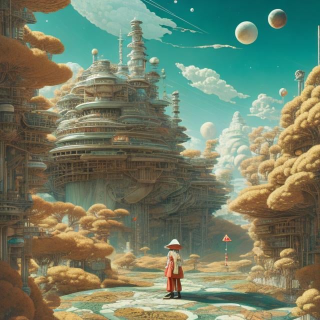 Prompt: Katsuhiro Otomo, Maurice Sendak, Kay Nielsen, Japanese Anime, Surreal Mysterious Weird Fantastic Sci-fi Fantasy Fantasy, Golfing on Moon surface, Girl Alice, Ramen Stall, Cat Playing Golf Standing on Two Legs, Hole in One, hyperdetailed high resolution high definition high quality masterpiece fine lines