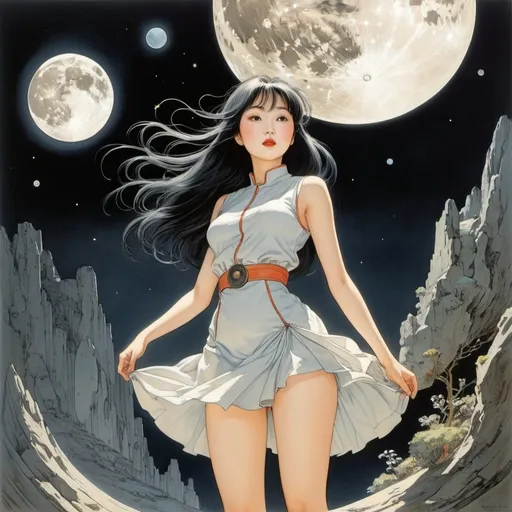 Prompt: Otto Eckmann, Keiko Takemiya, Heath Robinson, Sulamith Wülfing, Jindřich Štyrský, Surrealism, wonder, strange, bizarre, fantasy, sci-fi, Japanese anime, adventure in search of the thermodynamics of the moon, beautiful girl in a miniskirt who collects fragments of moonlight that cannot be seen during the day, perfect voluminous body, detailed masterpiece 