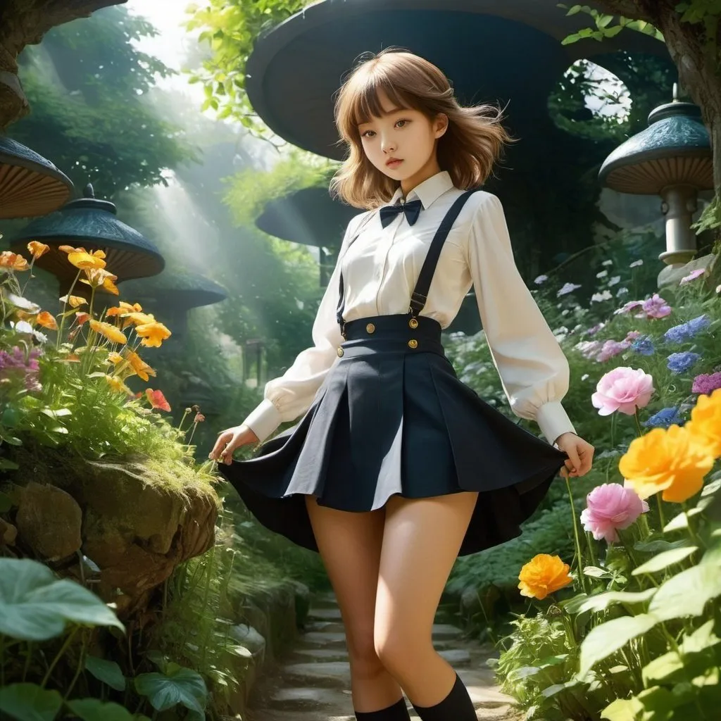 Prompt: Louis Moe Full colours, Irene Hedlund, Ib Spang Olsen, Takako Hirai, Surrealism Mysterious Weird Fantastic Fantasy Sci-fi, Japanese Anime, Beyond the Secret Garden Miniskirt Beautiful Girl Dark Muse, perfect voluminous body, Digging up the little angel, detailed masterpiec 