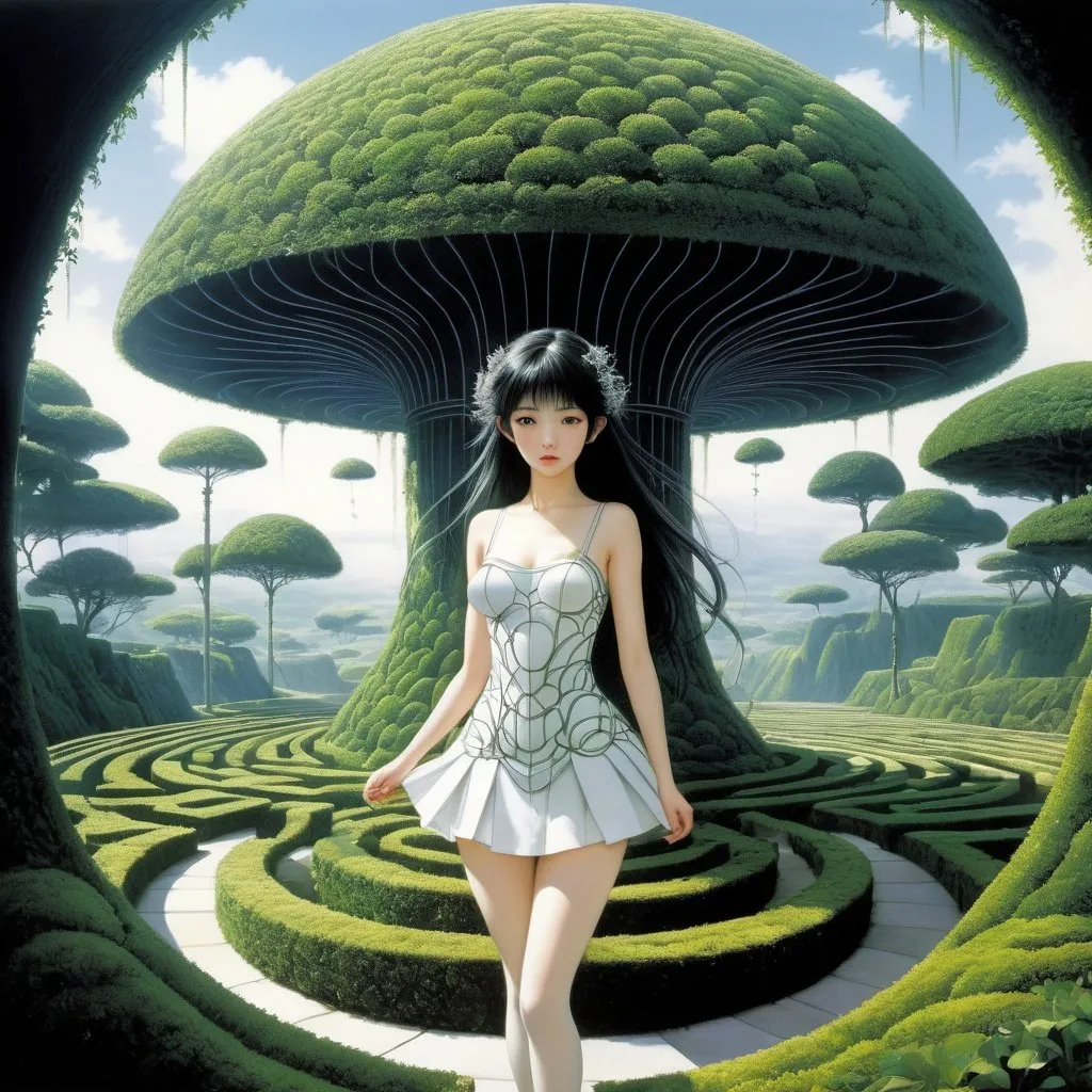 Prompt: Yoshitaka Amano, Elenore Abbott, Surreal, mysterious, strange, fantastic, fantasy, Sci-fi, Japanese anime, melancholy of Saturn, melancholy of geometry, birth of perspective, topiary garden labyrinth or hedge maze, miniskirt dress beautiful girl, perfect voluminous body, detailed masterpiece 