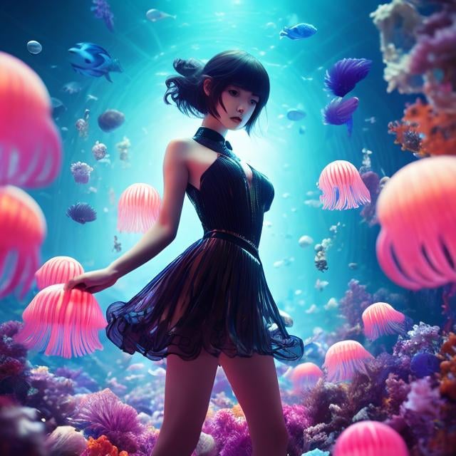 Prompt: Rinat Baibekov, Monkey Punch, Surreal, mysterious, strange, fantastical, fantasy, Sci-fi, Japanese anime, paper aquarium, wind chime jellyfish, Penrose miniskirt beautiful girl, King of Wings, hyper detailed masterpiece depth of field cinematic lighting 