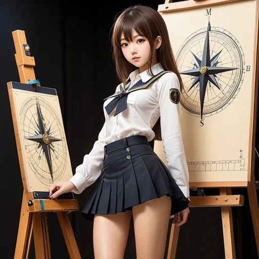 Prompt: Taiyo Matsumoto, Adolfo Hohenstein, Surreal, mysterious, bizarre, fantastical, fantasy, Sci-fi, Japanese anime, compass, easel, triangle ruler, eraser, beautiful girl in miniskirt measuring the meridian, perfect voluminous body, detailed masterpiece 