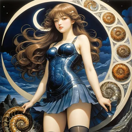 Prompt: Thomas Mostyn, Edward Coley Burne-Jones, Riyoko Ikeda, Surreal, mysterious, strange, fantastical, fantasy, Sci-fi, Japanese anime, Glass Ammonite, Crescent Moon in the Heart of Darkness, Miniskirt Beautiful Girl March, perfect voluminous body, detailed masterpiece 