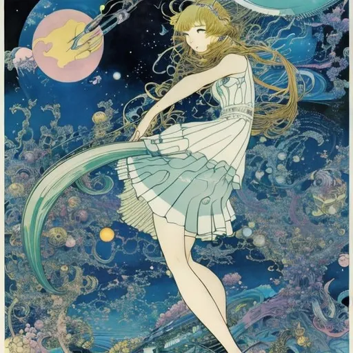 Prompt: Kay Nielsen, Kenji Tsuruta, Dugald Stewart Walker, Japanese anime　surreal　wondrous　strange　Whimsical　absurderes　fanciful　Sci-Fi Fantasy　Spiral Galaxy　‎Classroom　Miniskirt High School Girl Future Projection Projector.