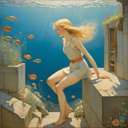 Prompt: Frederick Cayley Robinson, Margaret Tarrant, Elsa Beskow, Edward Reginald Frampton, Jan Toorop, Surrealism, wonder, strange, bizarre, fantasy, Sci-fi, Japanese anime, underwater archeology, Earth's last frontier, beautiful high school girl in a miniskirt diving, perfect voluminous body, detailed masterpiece 