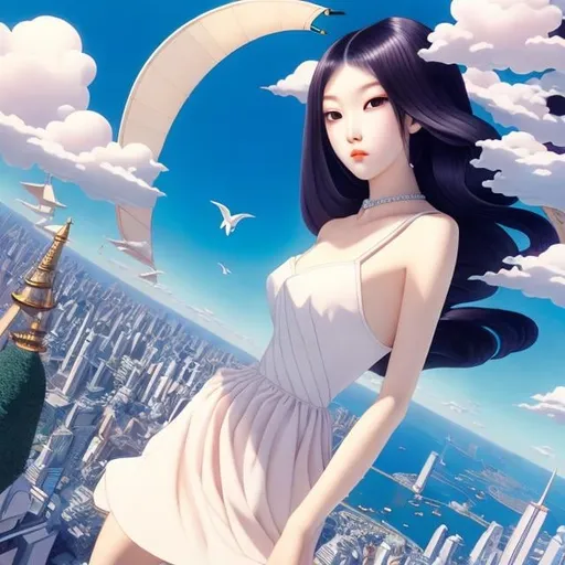 Prompt: Mihona Fujii, George Barbier, Surreal, mysterious, strange, fantastical, fantasy, Sci-fi, Japanese anime, plane and three-dimensional, diagonally above miniskirt beautiful girl, perfect voluminous body, flying, detailed masterpiece looking up looking down angles 