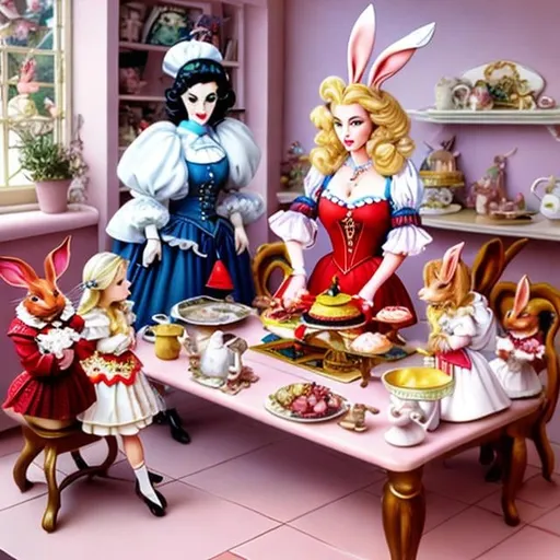 Prompt: Margaret Tarrant, Roberto Baldazzini, Surreal, mysterious, bizarre, fantastical, fantasy, Sci-fi, Japanese anime Alice, the beautiful blonde miniskirt girl at the cooking class. The teacher is the Queen of Hearts. Today she is making a shortcake. The cake is bigger than Alice. The rabbit and the card soldiers are also surprised and excited. Looking up from a wide angle, detailed masterpiece manga anime drawings