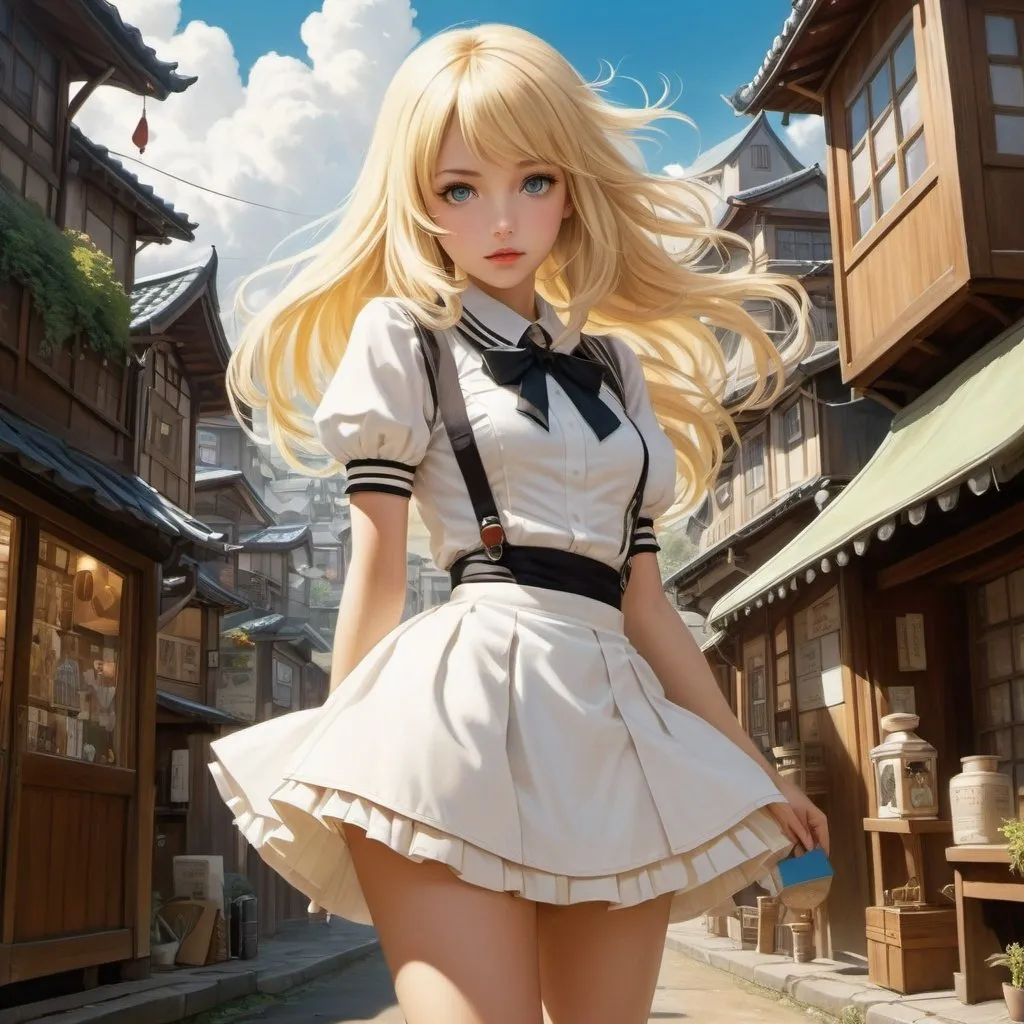 Prompt: Crisse, Benjamin Armand Rabier, Surreal, mysterious, strange, fantastical, fantasy, Sci-fi, Japanese anime, a town of anthropomorphic stationery, a blonde miniskirt beautiful girl Alice wanders into, perfect voluminous body, detailed masterpiece 