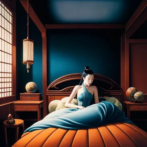 Prompt: Ukiyo-e style, Vladimir Kush, surreal, mysterious, strange, fantastic, fantasy, Sci-fi, Japanese anime, big trip on the bed, reverse perspective dream, classic car, perspective imagination, beautiful girl in a mechanical suit, perfect voluminous body, hyper detailed masterpiece depth of field cinematic lighting 