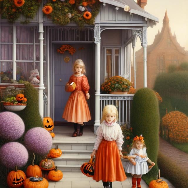 Prompt: Margaret Tarrant, Elsa Beskow, Surreal, mysterious, bizarre, fantastical, fantasy, Sci-fi, Japanese anime, Halloween night, trick or treat The front porch of a Victorian-style red brick house, Alice, a beautiful blonde miniskirt girl, perfect voluminous body, carrying a bag of candy, accompanied by cats, hyper detailed masterpiece 