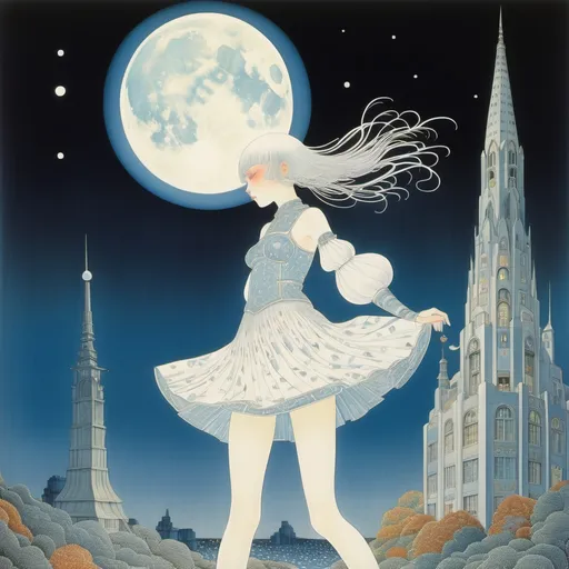 Prompt: Kay Nielsen, Yuu Watase, yuko Higuchi, Richard Dadd, Rene Magritte, Surrealism, wonder, strange, bizarre, fantasy, sci-fi, Japanese anime, a sleepless midnight moonlight festival, a festival city where blue-white light falls, a miniskirt beautiful high school girl searches for the dawn, perfect voluminous body, detailed masterpiece