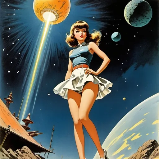 Prompt: Fritz Janschka, Al Williamson full colour, Surreal natural history, mysterious, bizarre, fantastical, fantasy, Sci-fi, Japanese anime, science of anthropomorphism, stage set called art, beautiful girl in a meteor miniskirt, perfect voluminous body, detailed masterpiece 