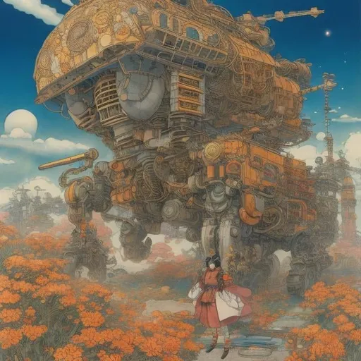 Prompt: Katsuhiro Otomo, Elsa beskow, watercolor woodblock print style, realistic, fine lines, surreal, Japanese anime, mysterious strange bizarre fantasy sci-fi, mechanical miniskirt beautiful high school girl, detailed, high resolution definition quality masterpiece, depth of field, focus