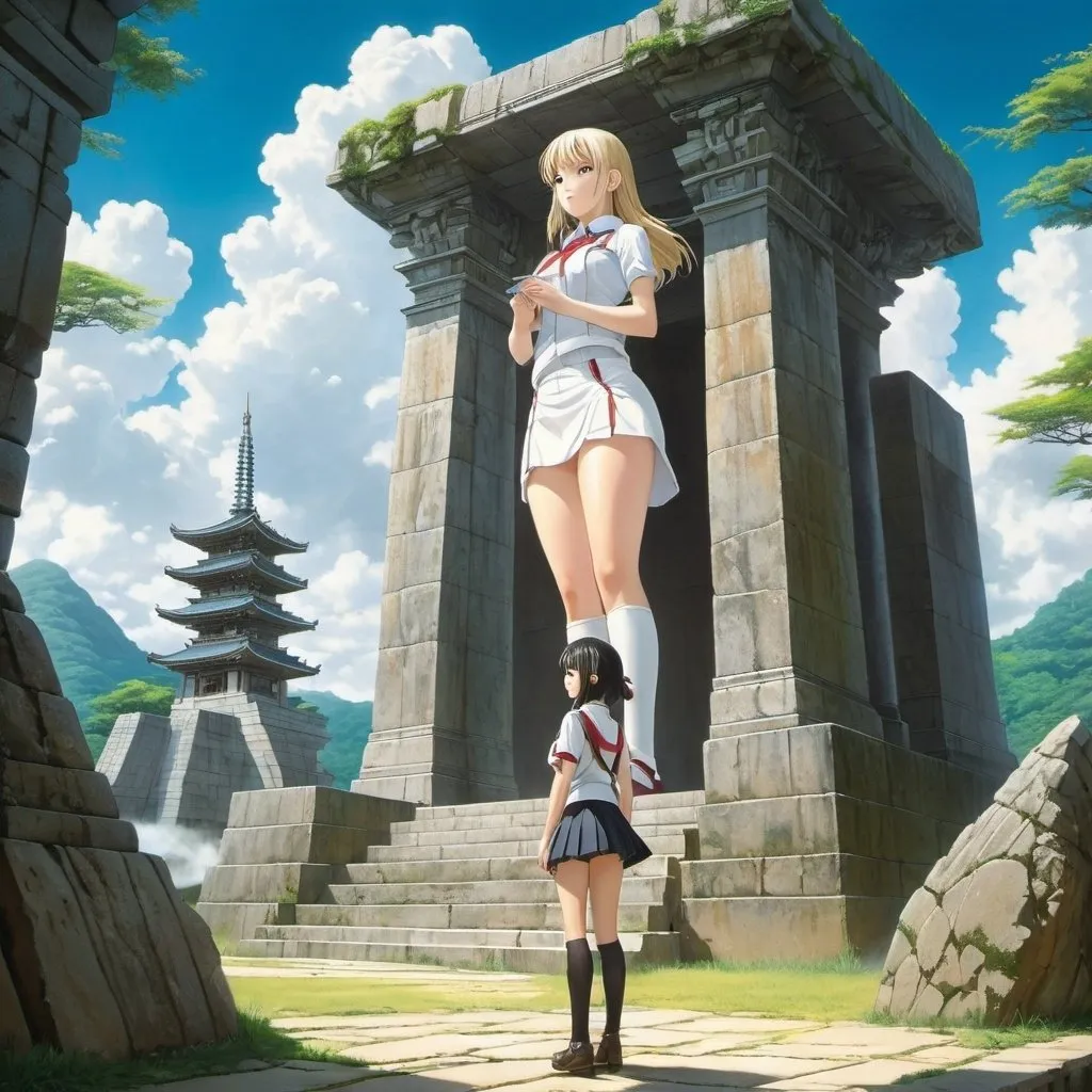 Prompt: Pedro Ruiz, Ayano Imai, Germán Londoño, Lebbeus Woods, Liz Danforth, Surrealism Mysterious Weird Fantastic Fantasy Sci-Fi, Japanese Anime, Ruins Temple, Giant Stone Statue of a Goddess, Miniskirt Beautiful High School Girl Looking Up at the Stone Statue from the Ground, perfect voluminous body, detailed masterpiece 