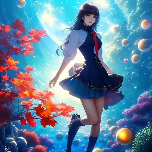 Prompt: Charles Meryon style, Bernard Boutet de Monvel, Frank Pape, astral sphere, fall leaves, miniskirt Japanese high school girl, underwater city, spiral galaxy, submarine, strange sci-fi fantasy