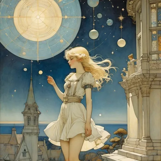 Prompt: Arthur Rackham, Sydney Sime, Jessie M. King, Cecil Walton, Frederick Cayley Robinson, Surrealism, mysterious, bizarre, fantastical, fantasy, Sci-fi, Japanese anime, beautiful blonde miniskirt girl Alice visiting the mansion of the North Star, perfect voluminous body, sculpture group of constellations, detailed masterpiece 