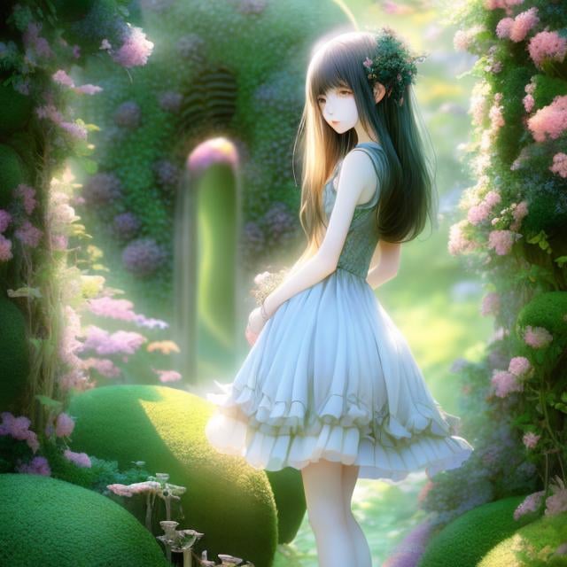 Prompt: Yoshitaka Amano, Elenore Abbott, Surreal, mysterious, strange, fantastic, fantasy, Sci-fi, Japanese anime, melancholy of Saturn, melancholy of geometry, birth of perspective, topiary garden labyrinth or hedge maze, miniskirt dress beautiful girl, perfect voluminous body, detailed masterpiece 