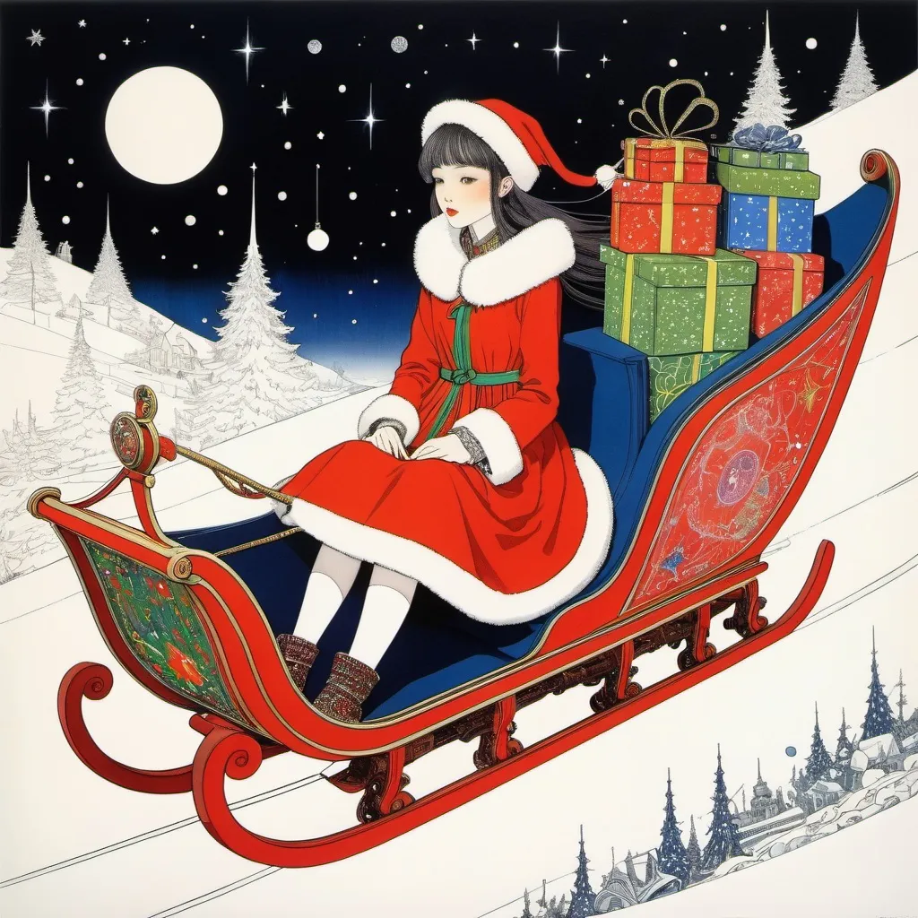 Prompt: Harry Clarke, Yuko Higuchi, Jozef Wilkon, Colored line drawing Surrealism Mysterious Bizarre Fantastic Fantasy Sci-fi Fantasy Anime Christmas spaceship Miniskirt Santa Beautiful girl Science of perspective Carrying presents on a flying sleigh Drawing space Detailed masterpiece