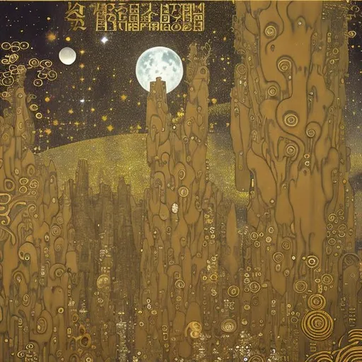 Prompt: Klimt， Richard Doyle, A Japanese style, Frank Pape, animesque　wondrous　strange　Whimsical　Sci-Fi Fantasy　Astronomical phenomena　Aizen Meioh and Hoshijuku　Time interpretation in the composition of a painting depicting the moon　Japan mythological stars　Polaris　Japan Ancient Star Dragon Cult　Twin uterus　Megaliths and astronomical phenomena　asterism　Universe and Human Horizons as Seen in Astrophysics