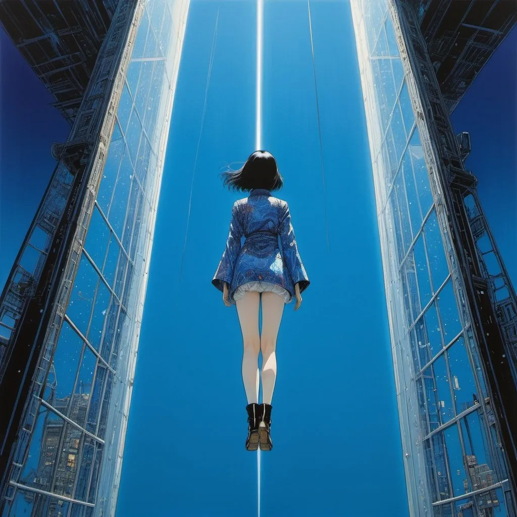 Prompt: Katsuhiro Otomo, Harry Clarke, Surreal, mysterious, strange, bizarre, fantasy, Sci-fi, Japanese anime, half-man, half-bird beautiful girl, perfect voluminous body, orbital elevator, blue transparent space, contrail, detailed masterpiece looking up looking down angles perspectives hyper realistic sharp focus 
