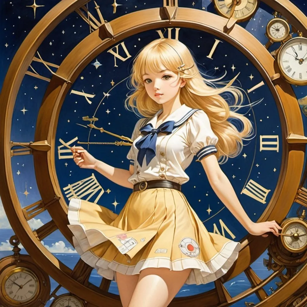 Prompt: Margaret Tarrant, Natsuki Takaya, Surreal, mysterious, bizarre, fantastical, fantasy, Sci-fi, Japanese anime, mechanical clocks, maps, numerals, perspective in paintings, sheet music, double-entry bookkeeping, maps, nautical charts, and astronomy, Alice, the beautiful blonde miniskirt girl who visualizes, detailed masterpiece low high angles 