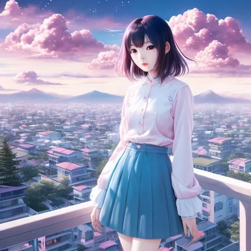 Prompt: Takako Hirai, Junaida, Heikala, Surreal, mysterious, strange, fantastical, fantasy, Sci-fi, Japanese anime, sweets house, beautiful high school girl in a miniskirt who climbs on the roof to eat, perfect voluminous body, pale blue and pink sky, clouds, hyper detailed masterpiece, fairy art